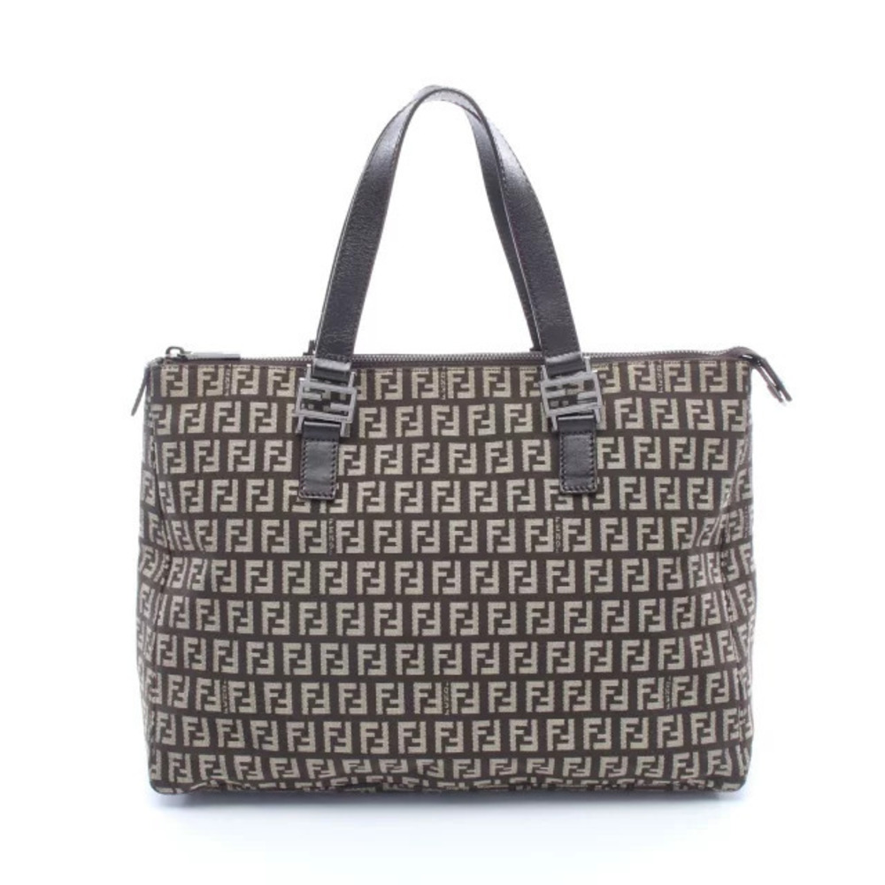 Fendi Zucchino Tote Bag Canvas Leather Brown Beige Cream